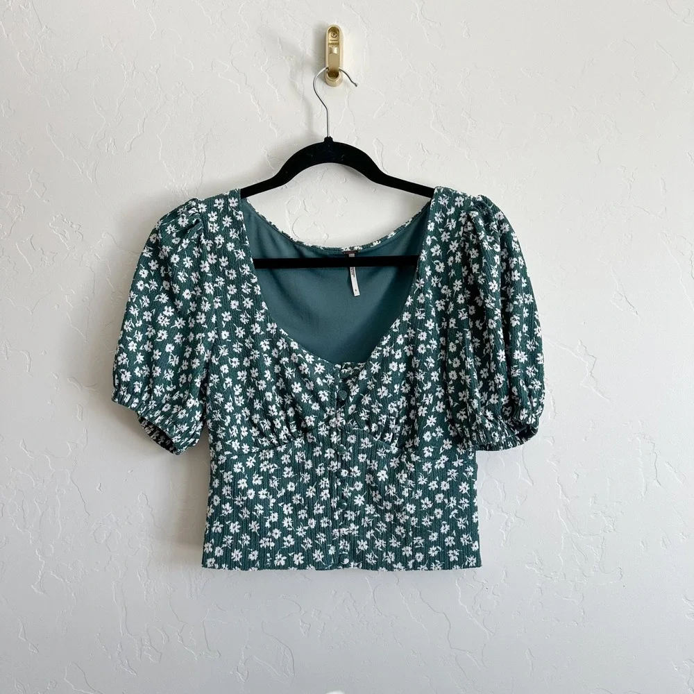 Free People | Daisy Chain Milkmaid Puff Sleeve Crop Top‎ in Green | Small
